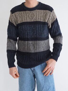 Vintage London Fog Navy Gray Cable Wool Blend Grandpa 3D Knit Crewneck Sweater S